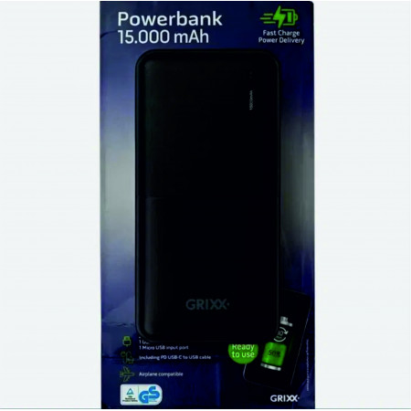 Powerbank (Повербанк)  GRIXX 15000 mAh, швидк. зарядка, кабель USB-USB-C в комплекті