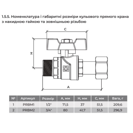 Кран шаровой DN15 PN50 с разборным соединением PRBM1